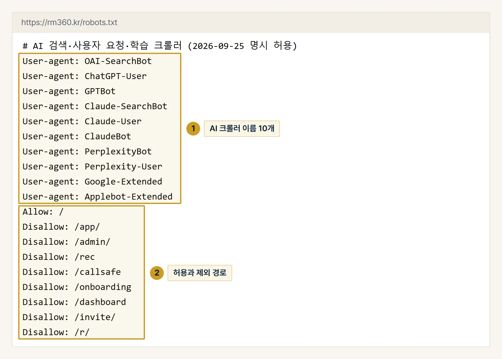 rm360.kr robots.txt의 AI 크롤러 묶음. 크롤러 이름(1)을 한 묶음으로 적고, 바로 아래 Allow와 Disallow 줄(2)로 읽어도 되는 경로를 정합니다.